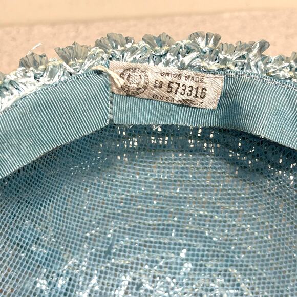 Blue straw hat with bow bowler style upturned rim union label mid century church - Picture 9 of 9